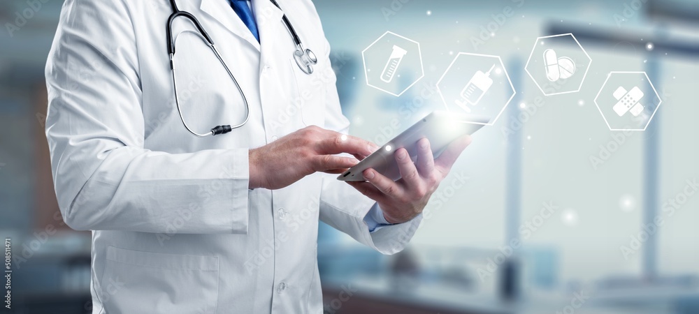 Doctor working on mobile smart phone with pharmacy icons. Online medical concept Doctor working on mobile smart phone with pharmacy icons. Online medical concept