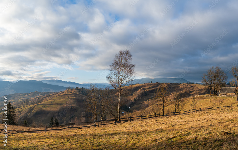 Last good weather days in autumn mountain countryside. Peaceful picturesque Ukrainian Carpathians mountains scene. Last good weather days in autumn mountain countryside. Peaceful picturesque Ukrainian Carpathians mountains scene.