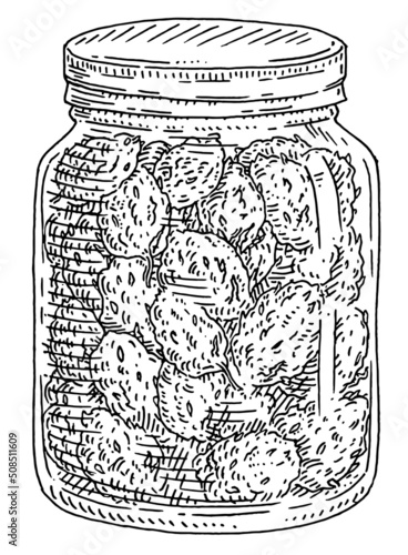 Glass jar with marijuana buds. Vintage vector hatching illustration