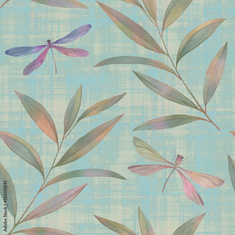 Abstract seamless background of leaves and dragonflies for design ...