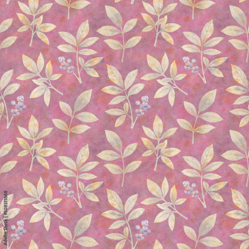 Seamless abstract pattern of leaves and berries painted in watercolor. Botanical pattern on a bright abstract background. Seamless abstract pattern of leaves and berries painted in watercolor. Botanical pattern on a bright abstract background.