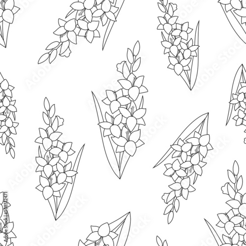 Seamless pattern with linear gladiolus flowers from black outlines on a white background. Simple print with garden plants. Vector contour graphics in vintage floral style for fabric, paper wrapping