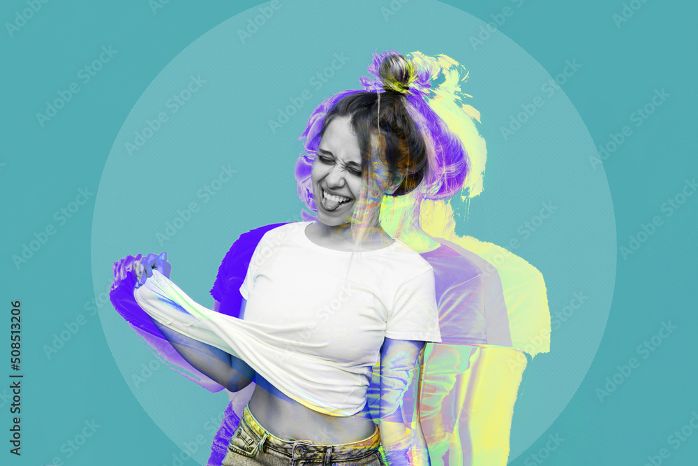 A young caucasian ridiculous woman shows tongue grimacing and pulling up her white t-shirt isolated on a teal blue color background. Trendy abstact collage in magazine style. Modern contemporary art A young caucasian ridiculous woman shows tongue grimacing and pulling up her white t-shirt isolated on a teal blue color background. Trendy abstact collage in magazine style. Modern contemporary art