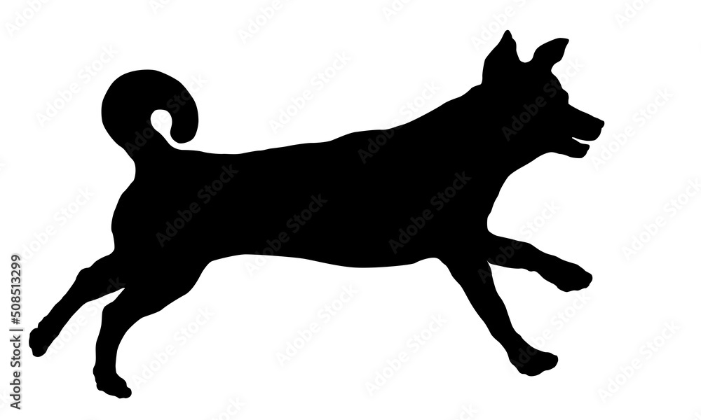 Running multibred dog puppy. Black dog silhouette. Pet animals. Isolated on a white background.