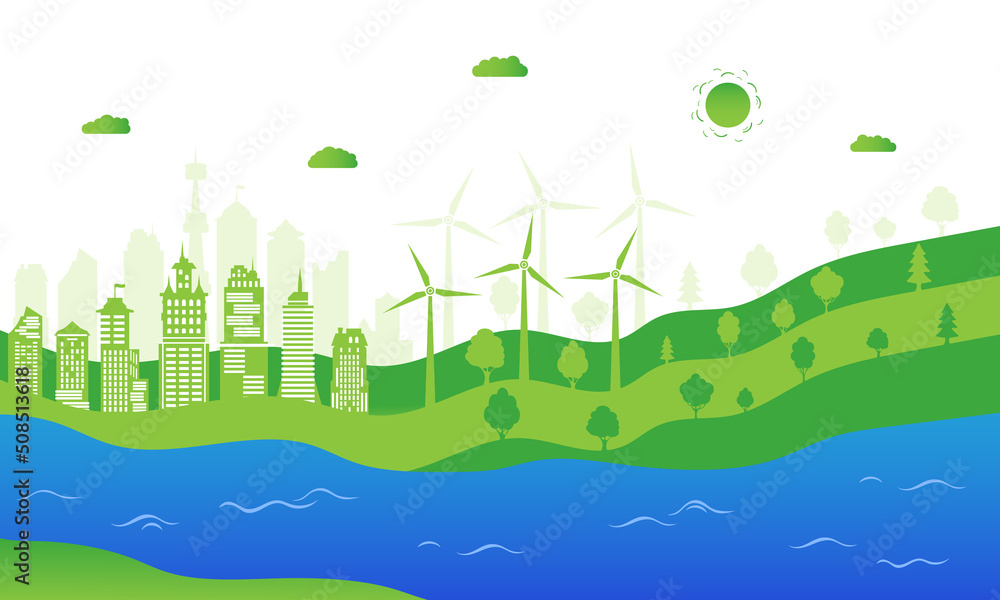 Green city with renewable energy sources. Ecological city and environment conservation. Sustainable development concept. Save the world.