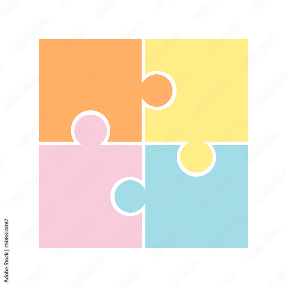 Simple colored element of four puzzles with white stroke. Decorative vector illustration isolated on white background. Concept of game, education or work, combining puzzle parts into a whole concept