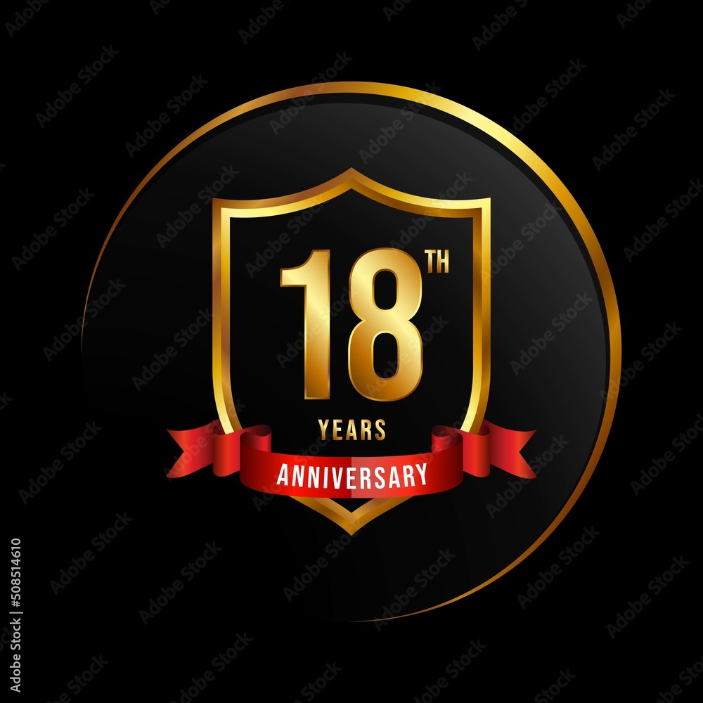 18 years anniversary logo with golden shield and ribbon for booklet, leaflet, magazine, brochure poster, banner, web, invitation or greeting card. Vector illustrations. 18 years anniversary logo with golden shield and ribbon for booklet, leaflet, magazine, brochure poster, banner, web, invitation or greeting card. Vector illustrations.