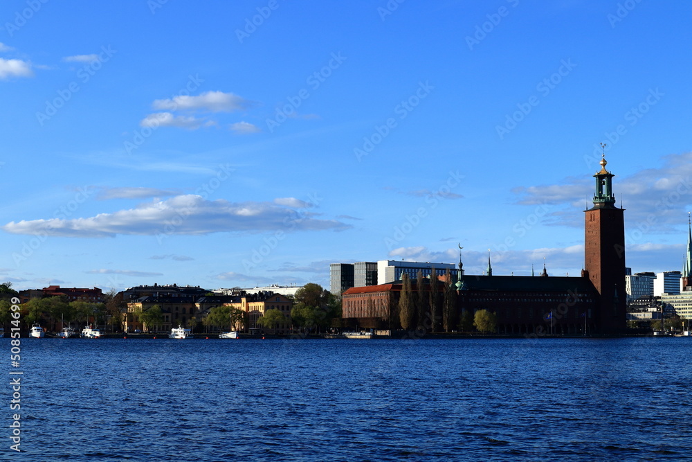 Great view over Stockholm city. One spring day in May.  Stockholm, Sweden, Scandinavia, Europe. Riddarfjärden, part of Malaren lake.