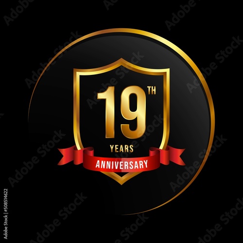 19 years anniversary logo with golden shield and ribbon for booklet, leaflet, magazine, brochure poster, banner, web, invitation or greeting card. Vector illustrations.