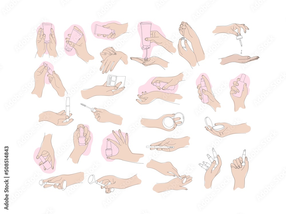 large set of female hands with a variety of cosmetics, colored delicate hands on pink and blue spots isolated on white background, set for creating beauty advertising and printing