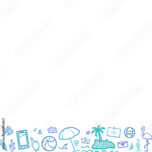 Hand drawn colored summer elements. Colorful sketchy doodle. Summer holidays. Freehand signs and symbols. Vacation trip. Web banner design