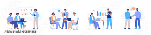 Different people work in the office, make presentation, conferences and business meeting