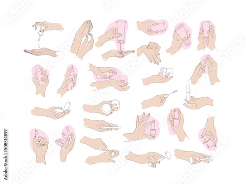 colored delicate hands on pink and blue spots isolated on white background, a large set of female hands with a variety of cosmetics, a set for creating beauty advertising and printing