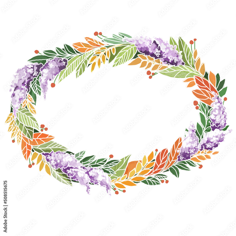 Obraz premium Floral frame / wreath - flowers, leaves and branches with circle geometric shape, for wedding invites, greetings, wallpapers, fashion, and background. Colorful flowers, green leaves.
