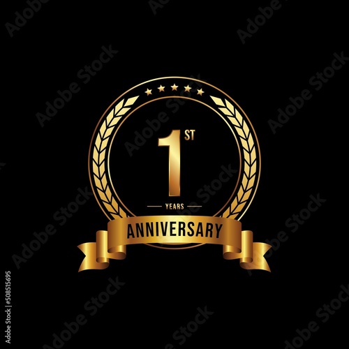 1 year anniversary celebration logotype with golden laurel and wreath, for booklet, leaflet, magazine, brochure poster, banner, web, invitation or greeting card. Vector illustrations.