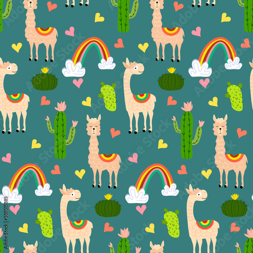 Pattern with llamas and a rainbow. Vector drawing on a colored background. For packaging, prints and fabric, baby products, scrapbooking, stationery.
