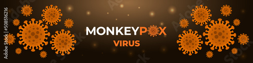 Monkeypox virus cells outbreak wide medical banner. Monkeypox virus cells on brown sciense background. Pox microbiological vector background. View of smallpox under a microscope. photo