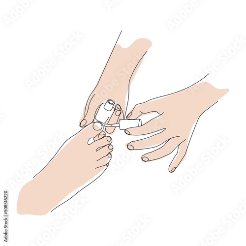nail painting with nail polish, pedicure process. Nail brush, nail polish. Spa beauty pedicure treatments. Toenail care in a nail salon