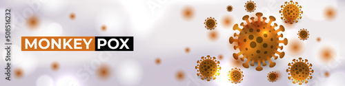 Monkeypox virus cells outbreak medical banner. Monkeypox virus cells on white sciense background. Pox microbiological vector wide background. photo