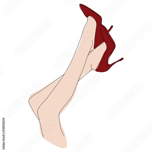 Attractive erotic legs in red shoes, beautiful female legs in high heels, the concept of female beauty