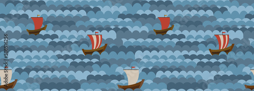 Vector pattern of waves and ships in northern folk style. Can be used for printing on interior fabrics for bed linen, curtains, boy's room wallpaper, clothing and packaging.