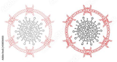 Polygonal mesh barbed coronavirus zone icons. Flat structure variants created from barbed coronavirus zone pictogram and mesh lines. Abstract lines,
