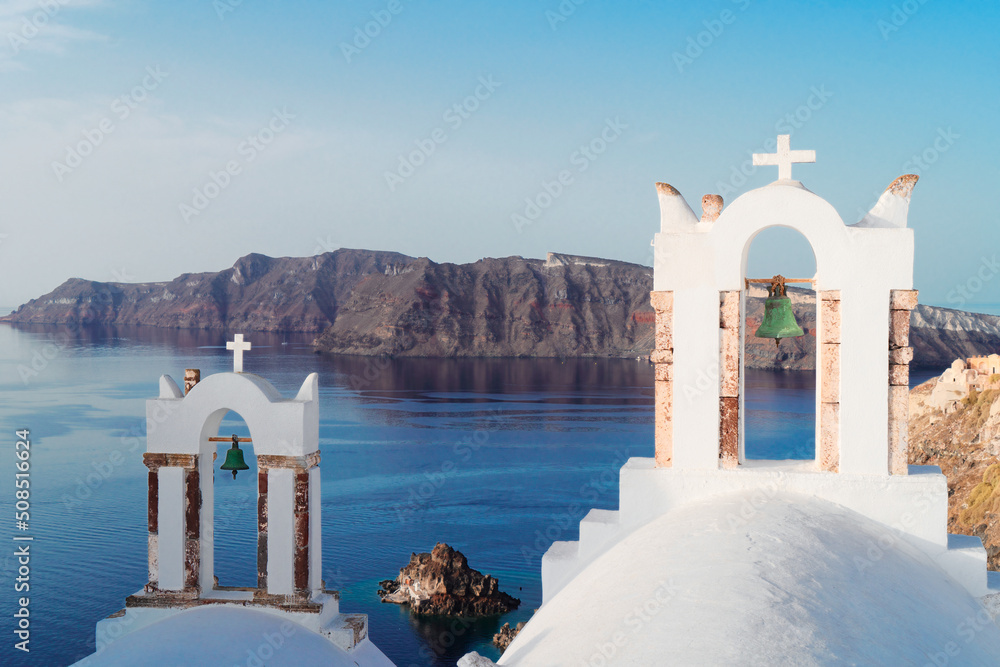 white belfries Santorini island, Greece