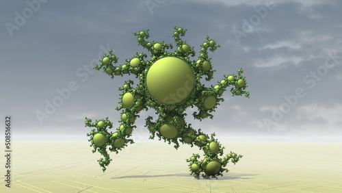 Bizarre 3D fractal landscape with recursive Kleinian structures.