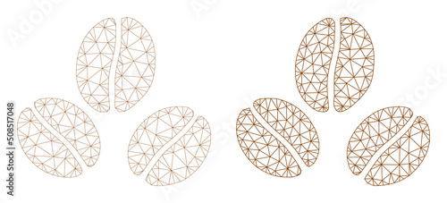 Polygonal mesh cacao beans icons. Flat carcass variants created from cacao beans pictogram and mesh lines. Abstract lines, triangles and points organized into cacao beans mesh.