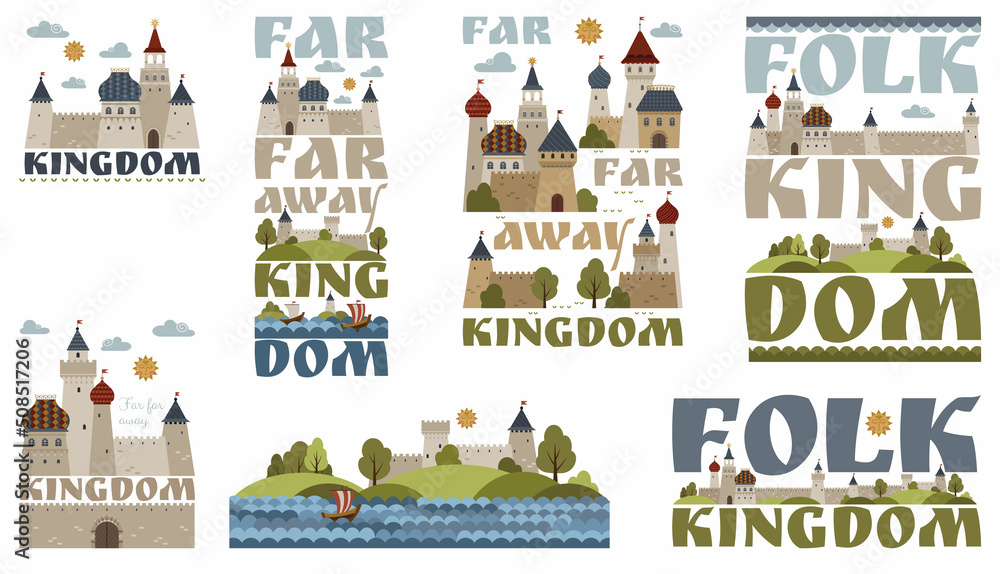 Set of vector compositions from castles, hills, font and sea in medieval style. Can be used for printing on posters, postcards, books, banners, shoppers, souvenirs for children.