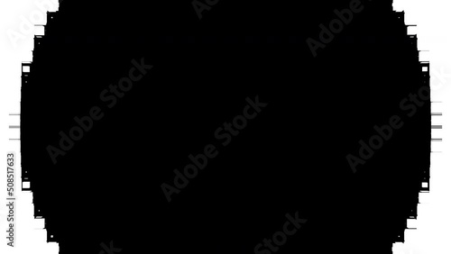 Single pixelated ring diverges from the center of screen. Abstract black and white transition mask. CG 2D animation.