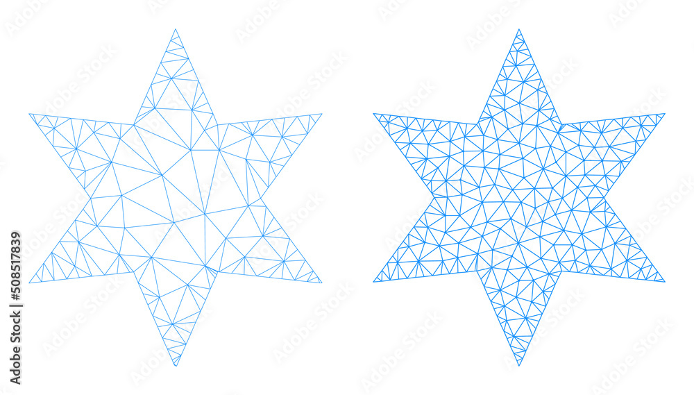 Polygonal mesh 6-finger star icons. Flat model variants are created from 6-finger star icon and triangulated lines. Abstract lines, triangles and points organized into 6-finger star carcass. Polygonal mesh 6-finger star icons. Flat model variants are created from 6-finger star icon and triangulated lines. Abstract lines, triangles and points organized into 6-finger star carcass.