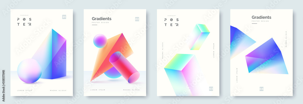 Abstract poster collection with colorful 3d geometric shapes. Geometric gradient background in minimal style. Ideal for cover, banner, invitation, business flyer. Vector illustration - obrazy, fototapety, plakaty 