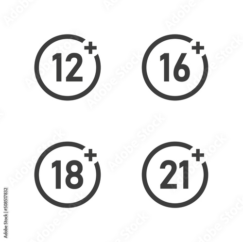 Age restrictions icon set. Vector on isolated white background.12, 16, 18, 21. Vector illustration