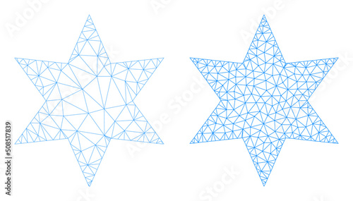 Polygonal mesh 6-finger star icons. Flat model variants are created from 6-finger star icon and triangulated lines. Abstract lines, triangles and points organized into 6-finger star carcass.