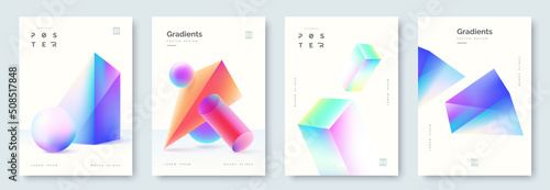 Abstract poster collection with colorful 3d geometric shapes. Geometric gradient background in minimal style. Ideal for cover, banner, invitation, business flyer. Vector illustration