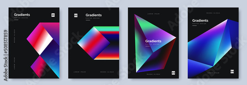 Abstract black poster collection with colorful gradient geometric shapes. Cover set in minimal style. Neon glow backgrounds. Ideal for banner, music party invitation, club flyer. Vector illustration