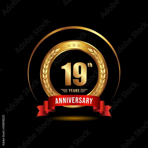19 years anniversary celebration logotype with golden laurel and wreath, for booklet, leaflet, magazine, brochure poster, banner, web, invitation or greeting card. Vector illustrations.