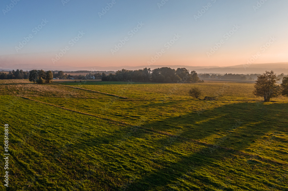 Green fields surrounded by the trees during sunrise. Blue sky and pastel colors. 