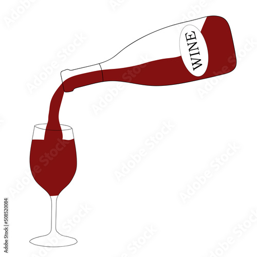 Red wine in a bottle with a glass next to it doodle vector illustration.