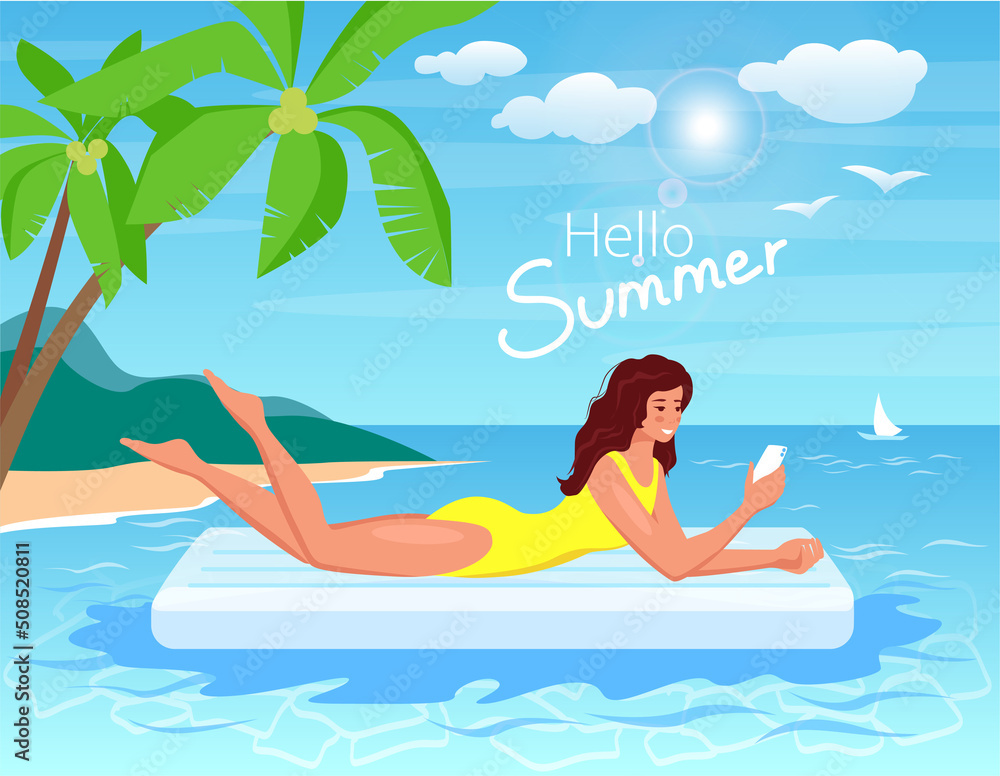 A young woman is sunbathing on an air mattress, swinging on the waves with phone A young woman is sunbathing on an air mattress, swinging on the waves with phone