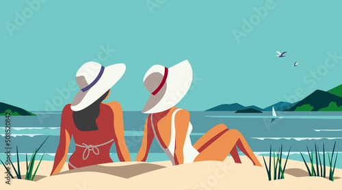 Two Females Relaxing on Seaside Sand Beach vector illustration. Blue ocean scenic view background. Holiday vacation season travel leisure cartoon. Females rest in summer season tourist trip recreation