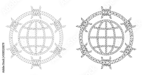 Polygonal mesh barbed wire globe icons. Flat mesh variants are created from barbed wire globe pictogram and mesh lines. Abstract lines,