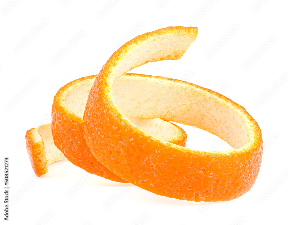 Fresh orange zest isolated on a white background. Orange peel. Fresh orange zest isolated on a white background. Orange peel.
