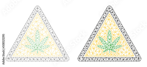 Polygonal mesh cannabis warning icons. Flat model versions created from cannabis warning icon and mesh lines. Abstract lines, triangles and points combined into cannabis warning carcass.