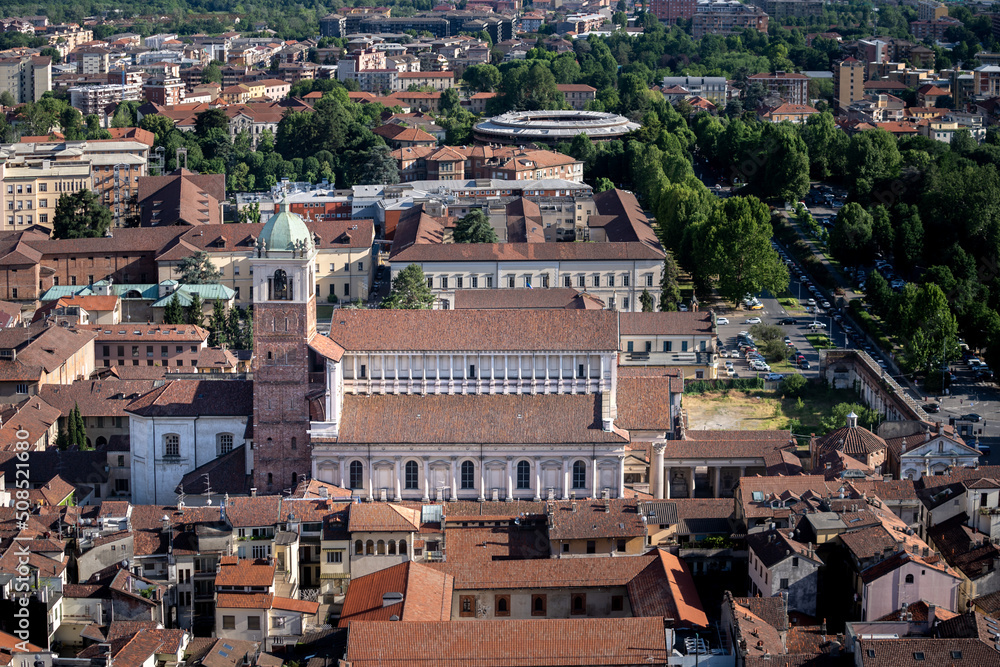 Cathedral and bell tower of Novara, Italy. View from San Gaudenzio dome.