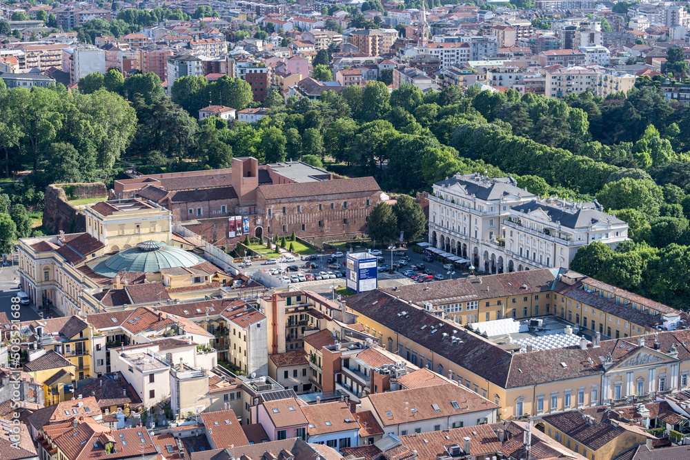 Martiri square and Visconteo-Sforzesco Castle in Novara, Italy. View from San Gaudenzio dome.