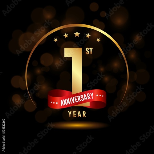 1 years anniversary logo with golden ring and ribbon for booklet, leaflet, magazine, brochure poster, banner, web, invitation or greeting card. Vector illustrations.
