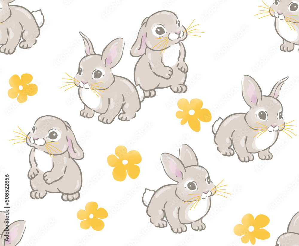 Fashion pattern digital bright floral ornament with animals cute rabbits Easter bunnies, wallpaper pattern emitting, brush strokes, painting, feminine and delicate design on white background. Fashion pattern digital bright floral ornament with animals cute rabbits Easter bunnies, wallpaper pattern emitting, brush strokes, painting, feminine and delicate design on white background.