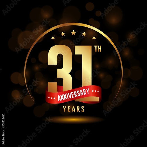 31 years anniversary logo with golden ring and ribbon for booklet, leaflet, magazine, brochure poster, banner, web, invitation or greeting card. Vector illustrations.